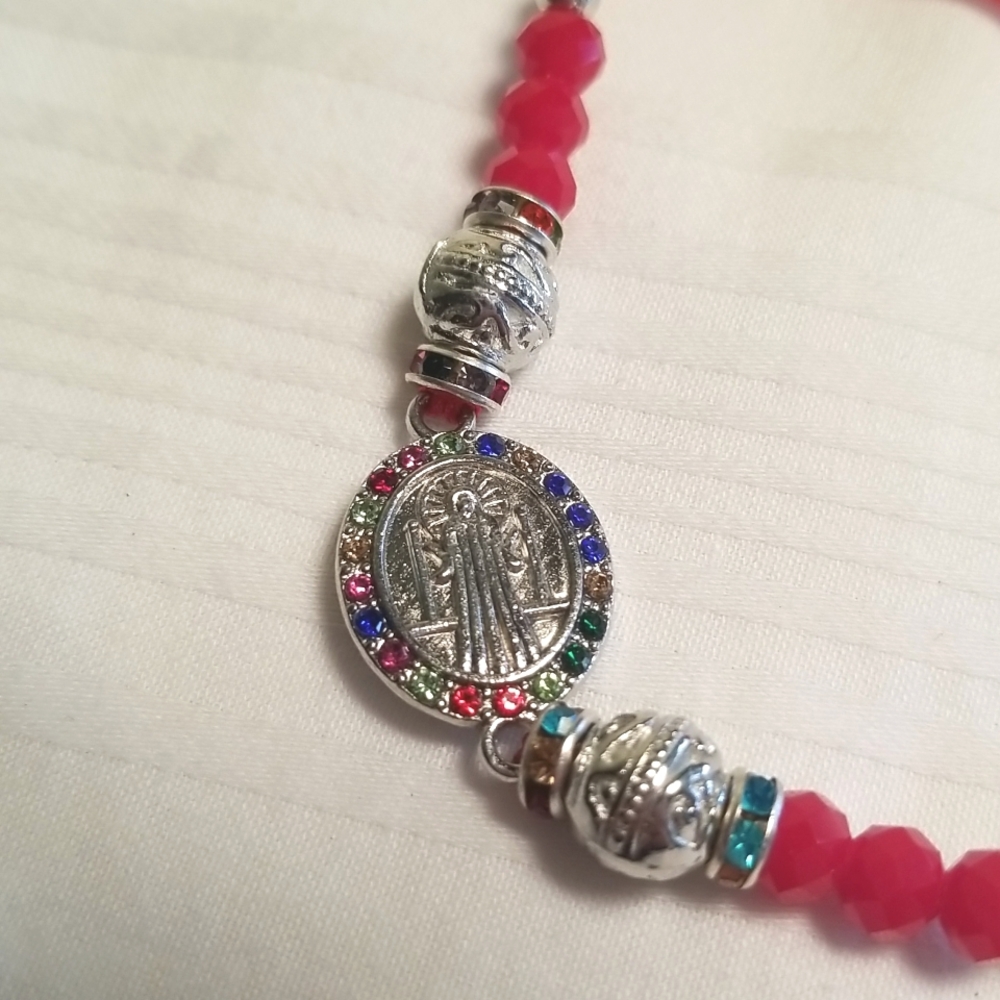 Silver Red Rhinestone Religious Bracelet - Picture 2 of 3